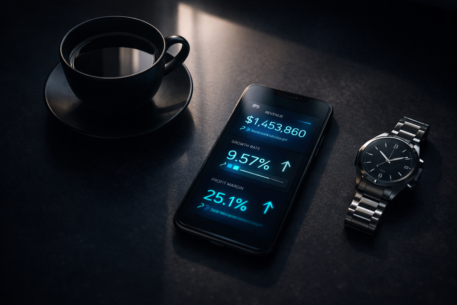 Smartphone affichant 3 KPIs sur un bureau minimaliste