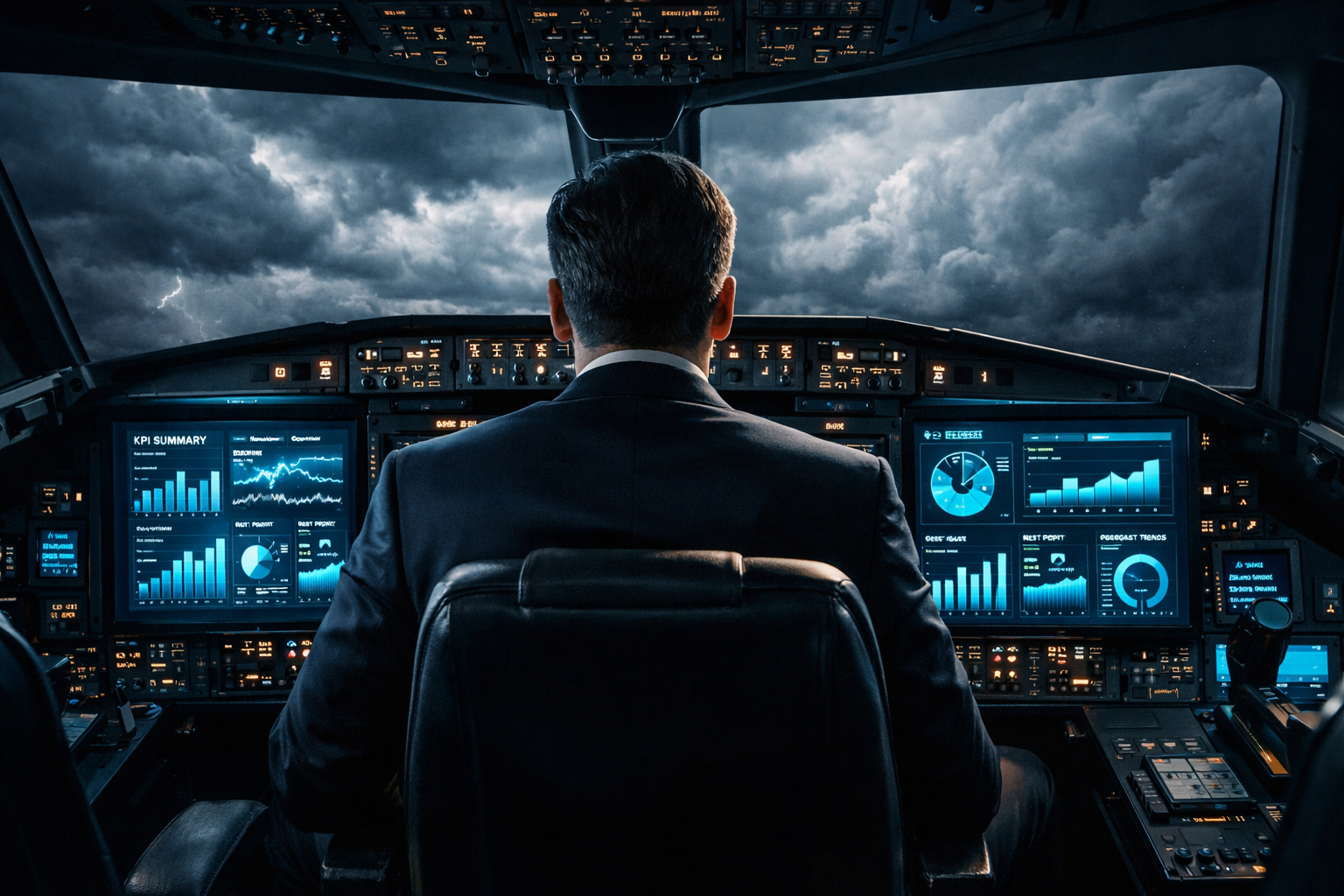 CEO dans un cockpit avec dashboards de pilotage business