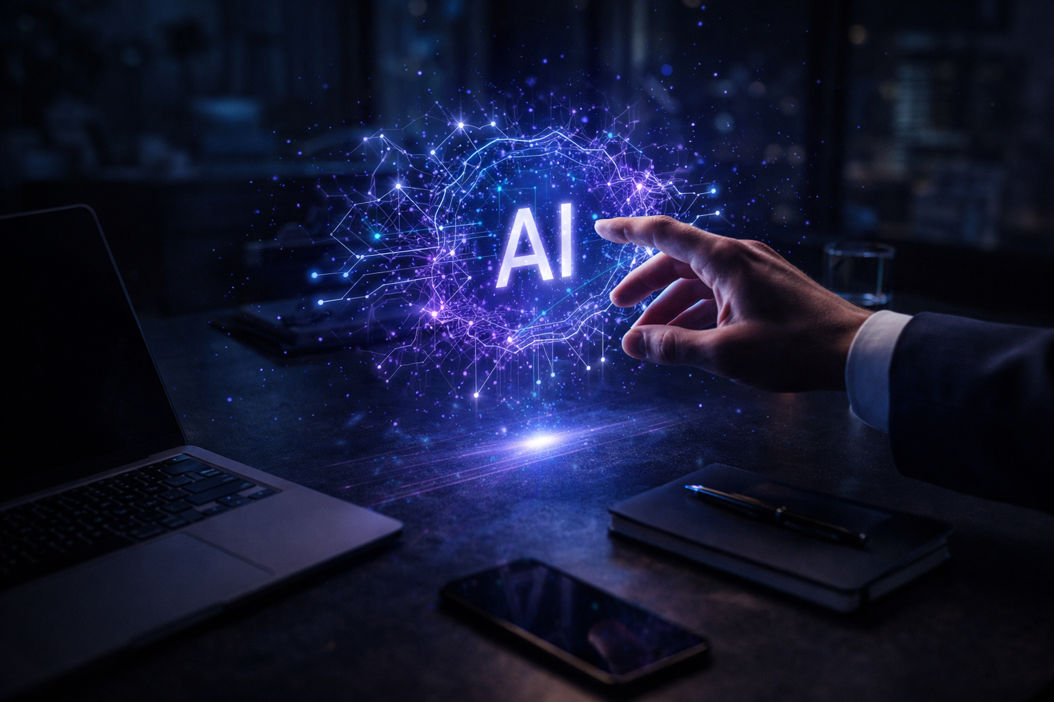 Main touchant une interface holographique IA au bureau