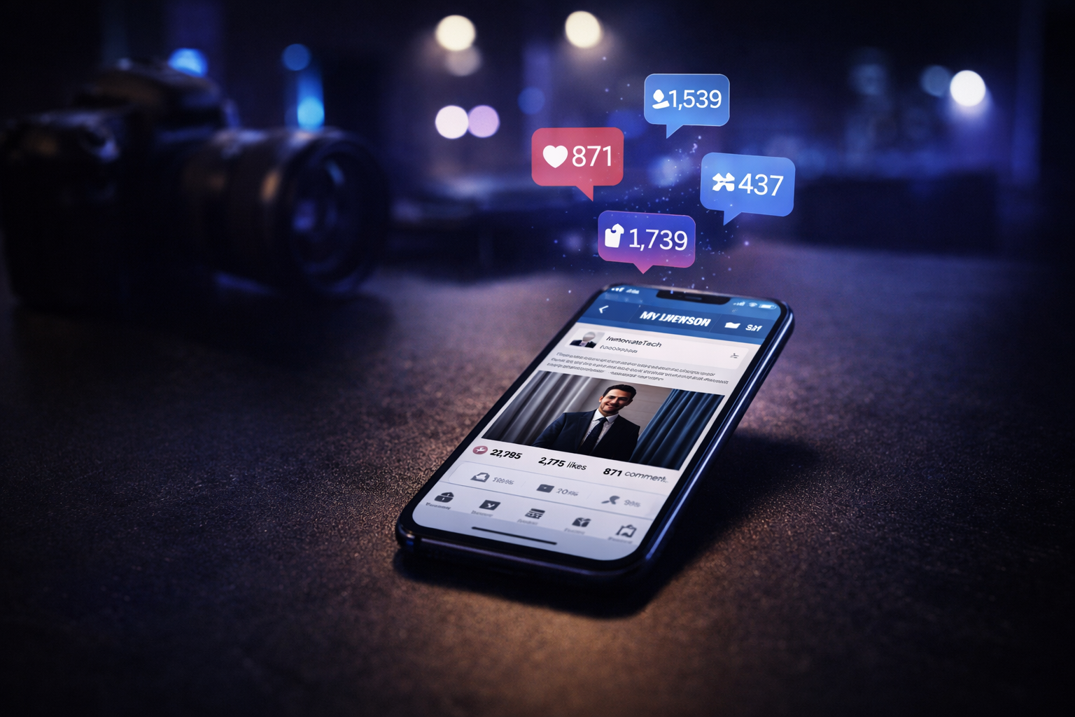 Dirigeant filmant du contenu LinkedIn dans un bureau moderne