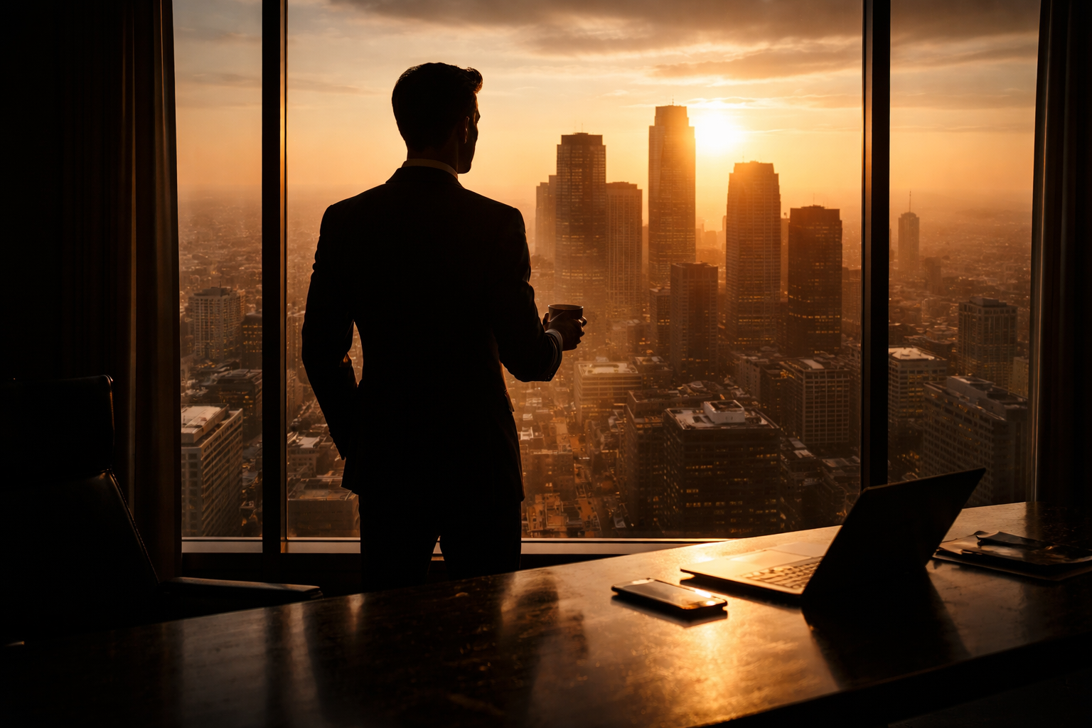 Bureau de CEO au lever du soleil avec caf&eacute; et dashboard