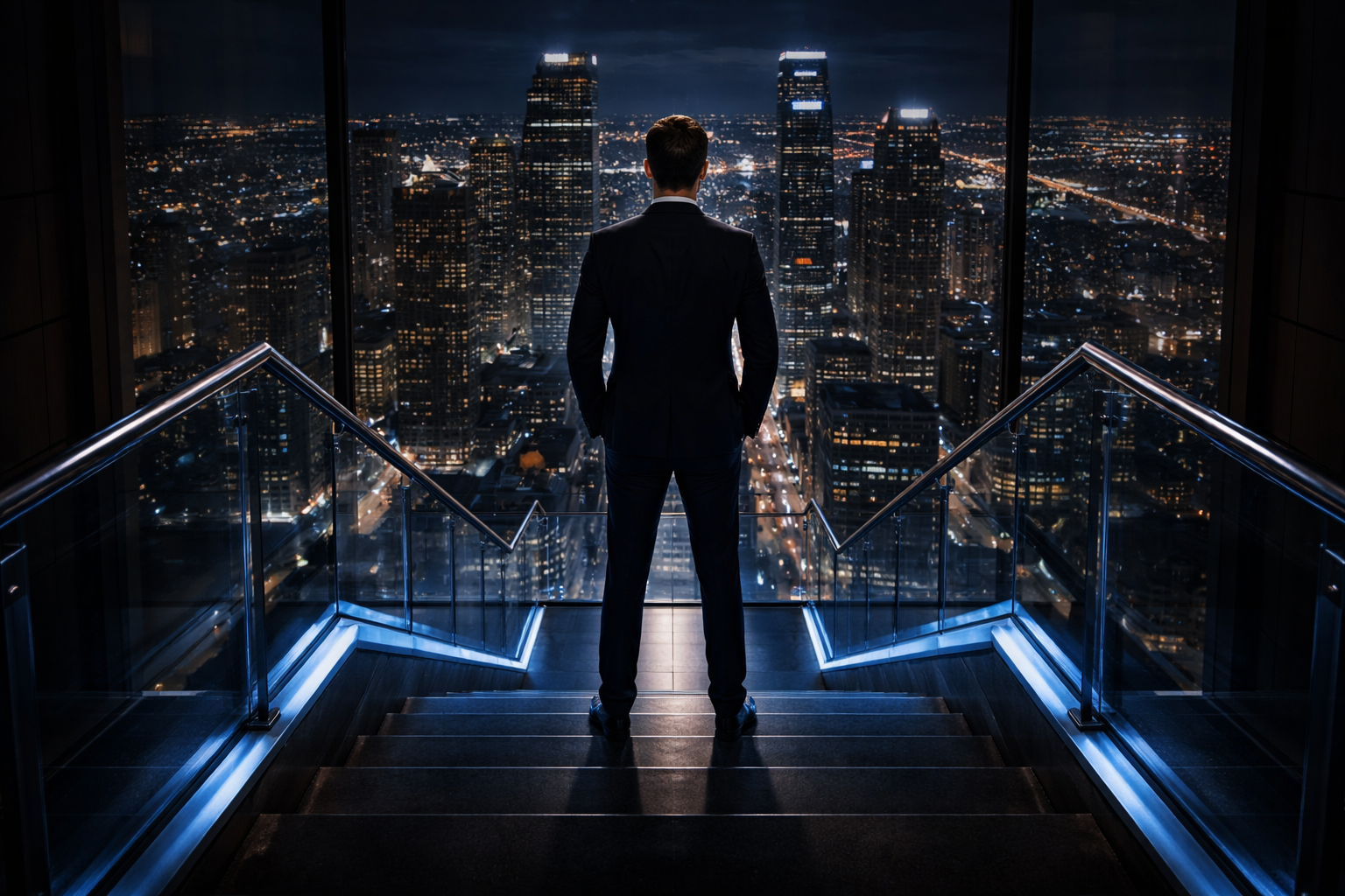 Dirigeant en haut d'un escalier moderne surplombant une ville