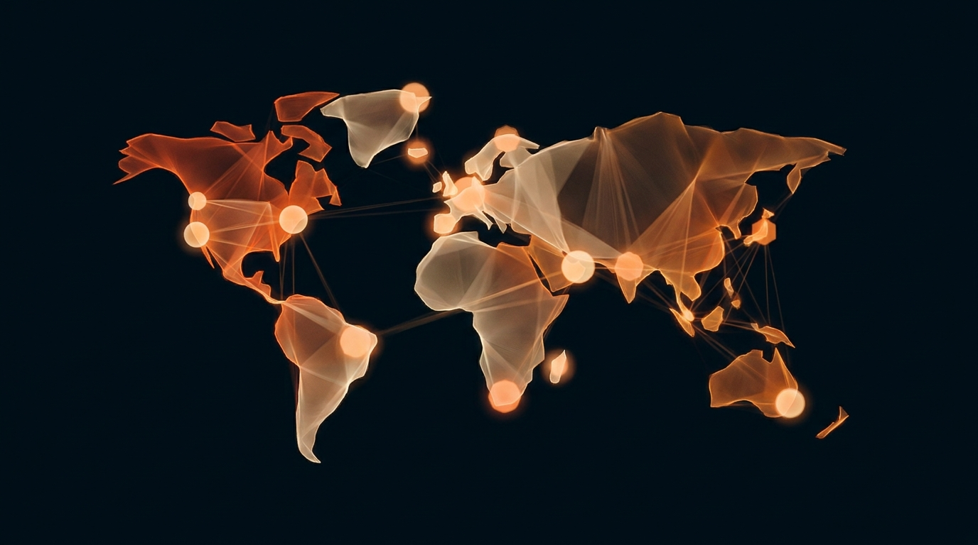 Visualisation abstraite noeuds IA terracotta et ambre, collaboration &eacute;quipe Anthropic