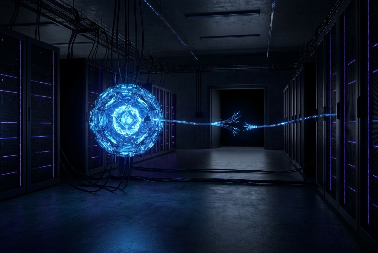 C&oelig;ur d'intelligence artificielle reli&eacute; au monde par un seul fil de lumi&egrave;re fragile