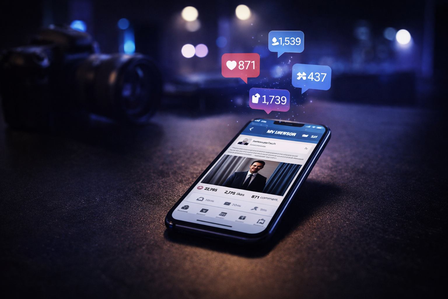 Dirigeant filmant du contenu LinkedIn dans un bureau moderne