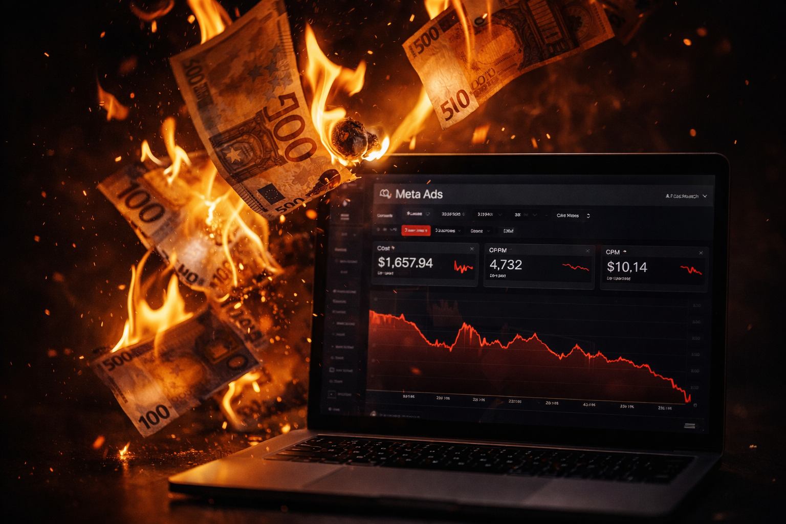 Billets en flammes devant un dashboard Meta Ads en d&eacute;clin