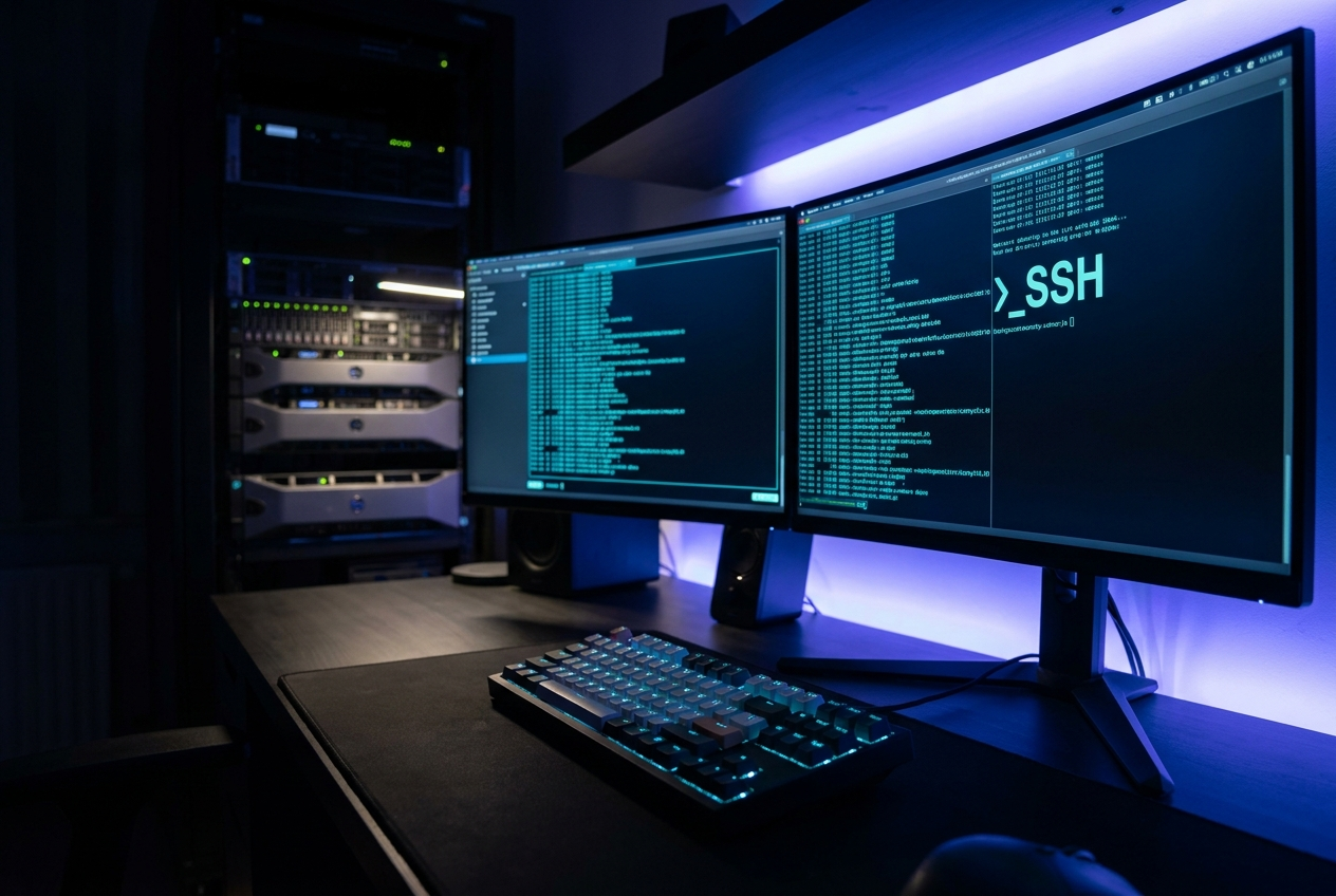 Workspace développeur la nuit avec terminaux SSH et code sur double écran